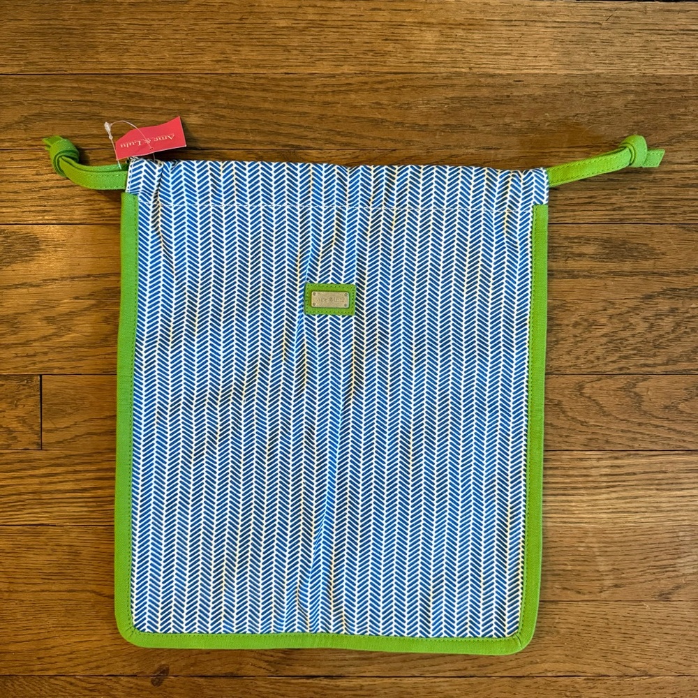 Ame & Lulu NWT Blue & White Chevron Canvas Drawstring Shoe Bag Lime Green